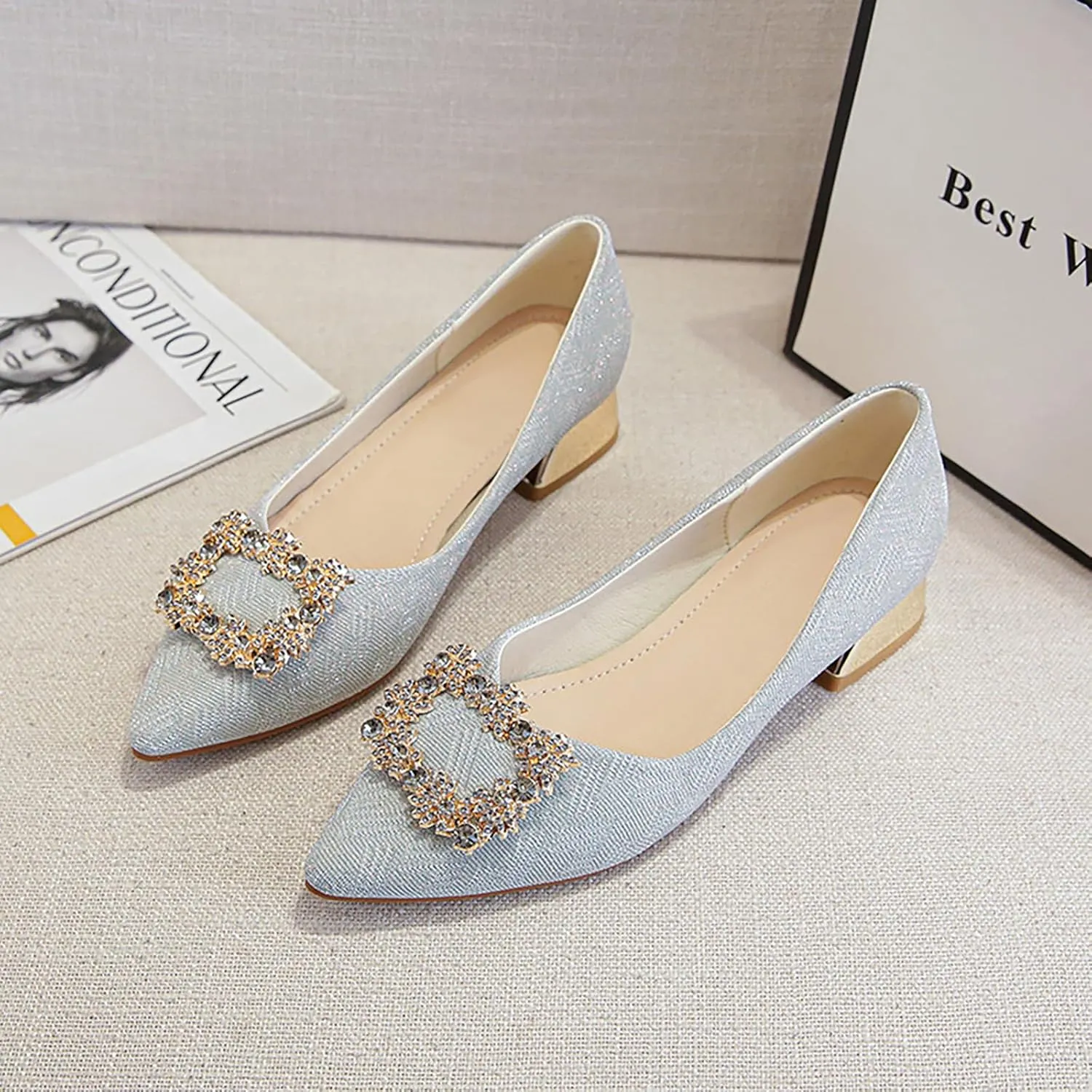 YIBLBOX Women's Low Block Chunky Heels Rhinestone Pointed Toe Closed Toe Work Pumps Slip on Comfort Dress Shoes