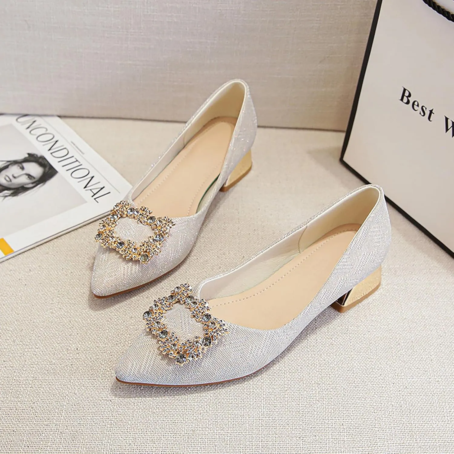 YIBLBOX Women's Low Block Chunky Heels Rhinestone Pointed Toe Closed Toe Work Pumps Slip on Comfort Dress Shoes