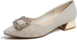 YIBLBOX Women's Low Block Chunky Heels Rhinestone Pointed Toe Closed Toe Work Pumps Slip on Comfort Dress Shoes