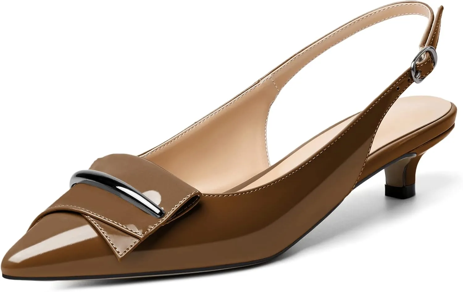 YODEKS Women's Slingback Low Kitten Heel Pumps Pointed Toe Heels Adjustable Strap Heeled Buckle Casual Wedding Shoes