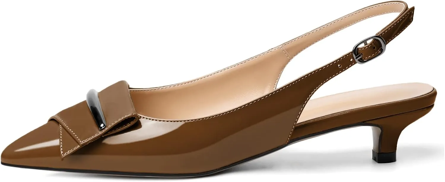 YODEKS Women's Slingback Low Kitten Heel Pumps Pointed Toe Heels Adjustable Strap Heeled Buckle Casual Wedding Shoes