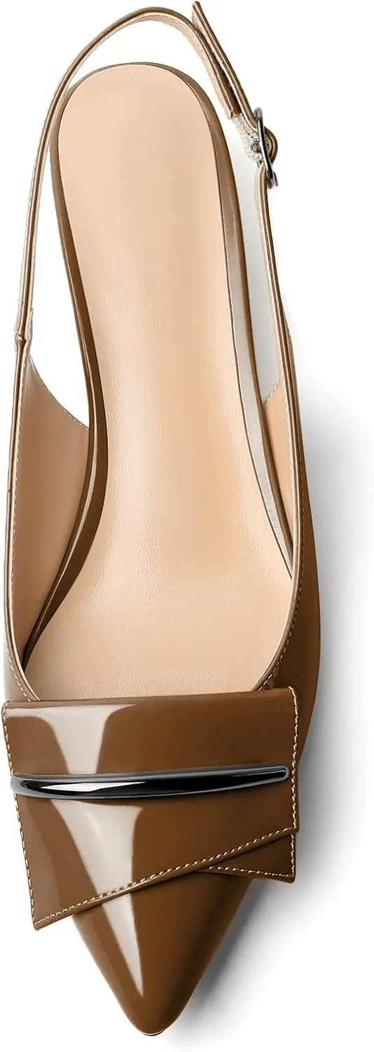YODEKS Women's Slingback Low Kitten Heel Pumps Pointed Toe Heels Adjustable Strap Heeled Buckle Casual Wedding Shoes