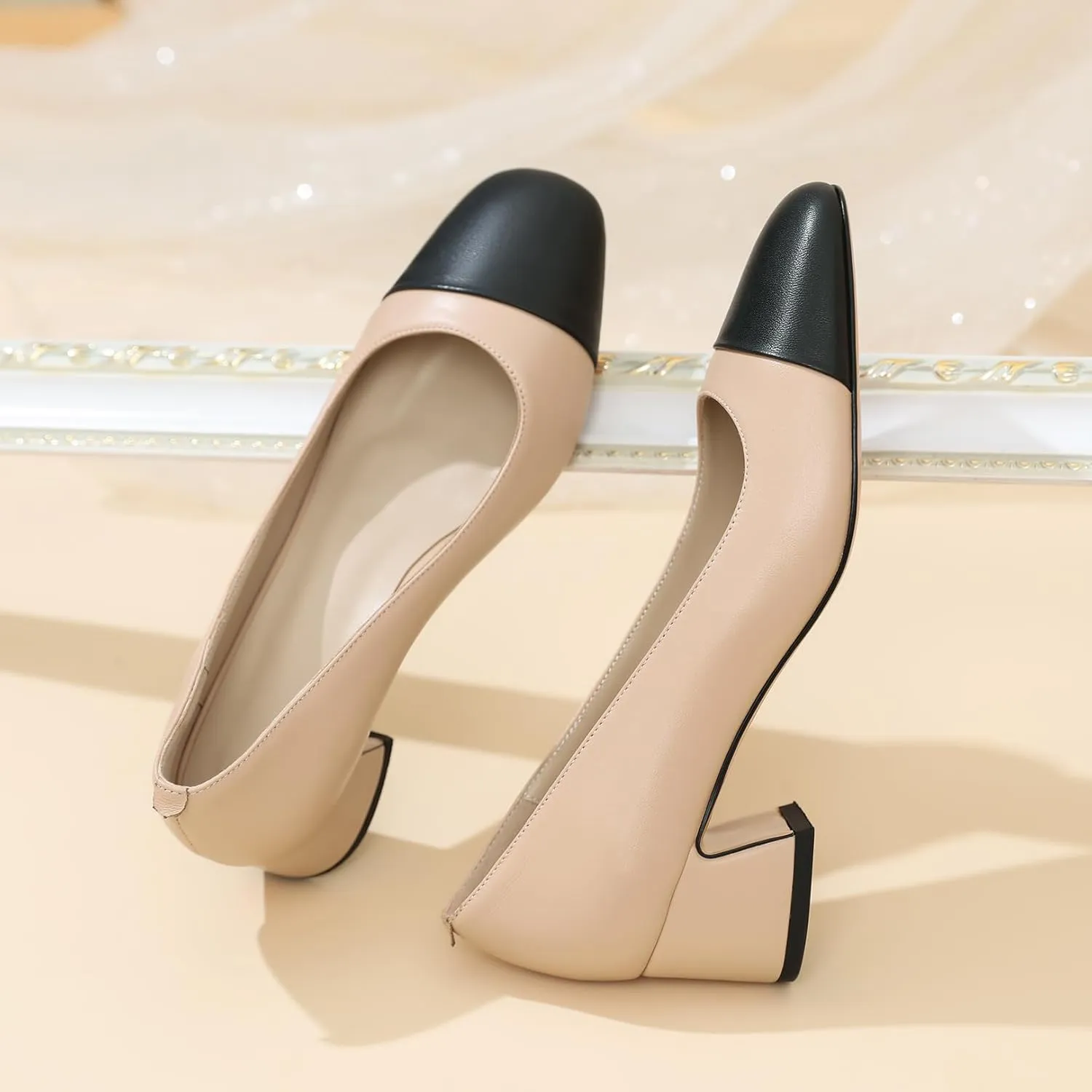 Zamikoo Cap Toe Shoes for Women, Block Heel Square Toe Slip On Chunky Low Heel Pumps, 2 Inches Genuine Leather Two Toned Shoes