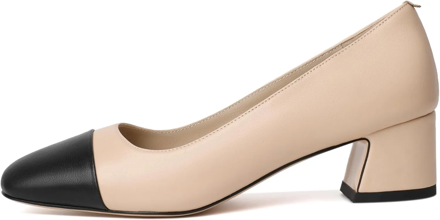 Zamikoo Cap Toe Shoes for Women, Block Heel Square Toe Slip On Chunky Low Heel Pumps, 2 Inches Genuine Leather Two Toned Shoes