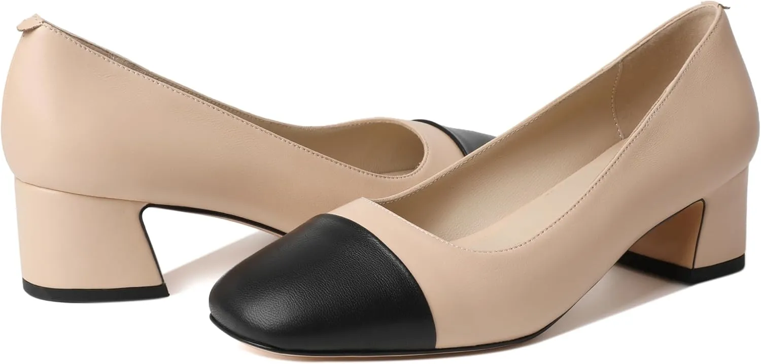 Zamikoo Cap Toe Shoes for Women, Block Heel Square Toe Slip On Chunky Low Heel Pumps, 2 Inches Genuine Leather Two Toned Shoes
