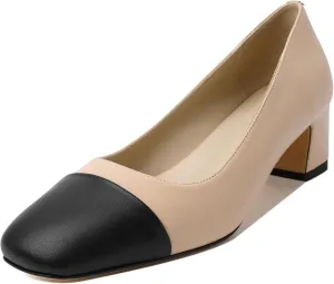 Zamikoo Cap Toe Shoes for Women, Block Heel Square Toe Slip On Chunky Low Heel Pumps, 2 Inches Genuine Leather Two Toned Shoes