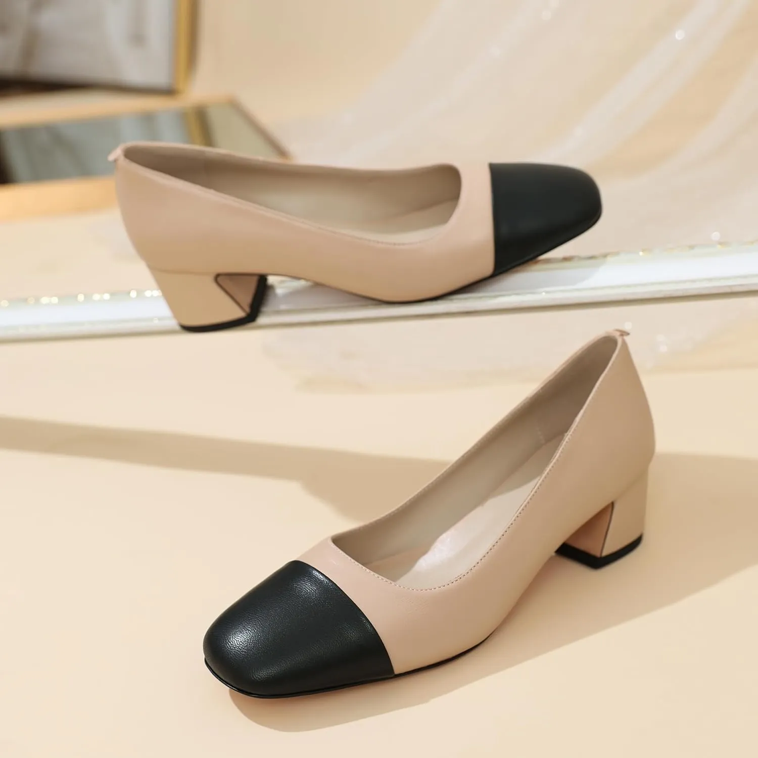 Zamikoo Cap Toe Shoes for Women, Block Heel Square Toe Slip On Chunky Low Heel Pumps, 2 Inches Genuine Leather Two Toned Shoes