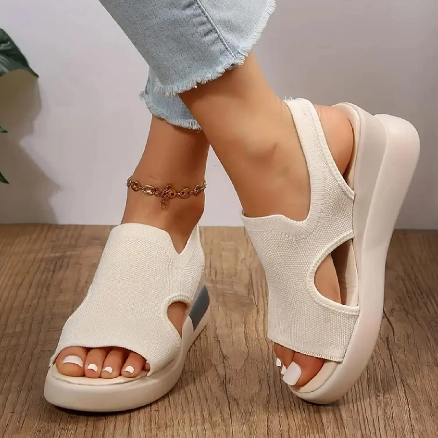ZSpzx Sandals For Women 2025,Women's Slip On Loafers Comfortable Knitted Mesh Thick Wedge Heel Low Heels Elastic Strap Mule Breathable Walking Shoes Dressy Summer Platform Wedges Canvas Sneakers